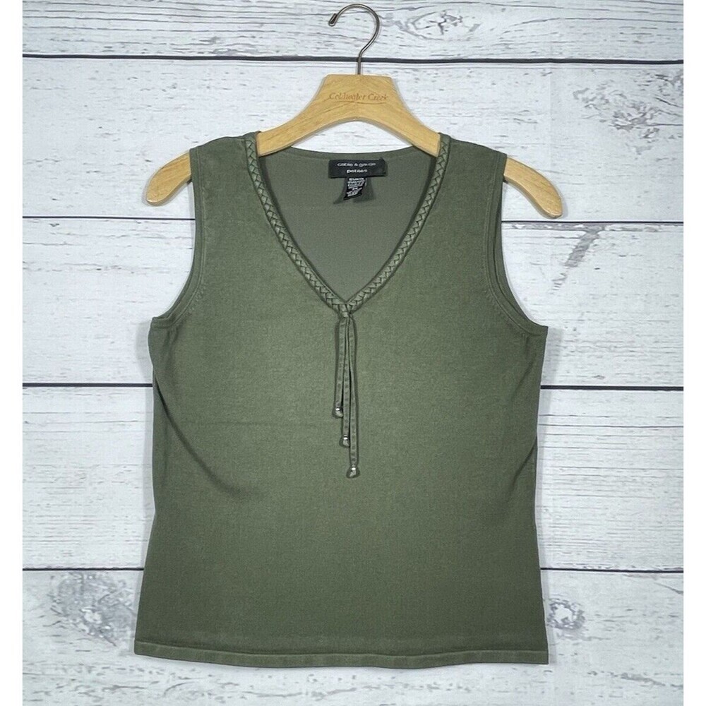 Cable & Gauge Women's Tank Top Size PM Green Sleeveless Rayon Blend Top Tassels